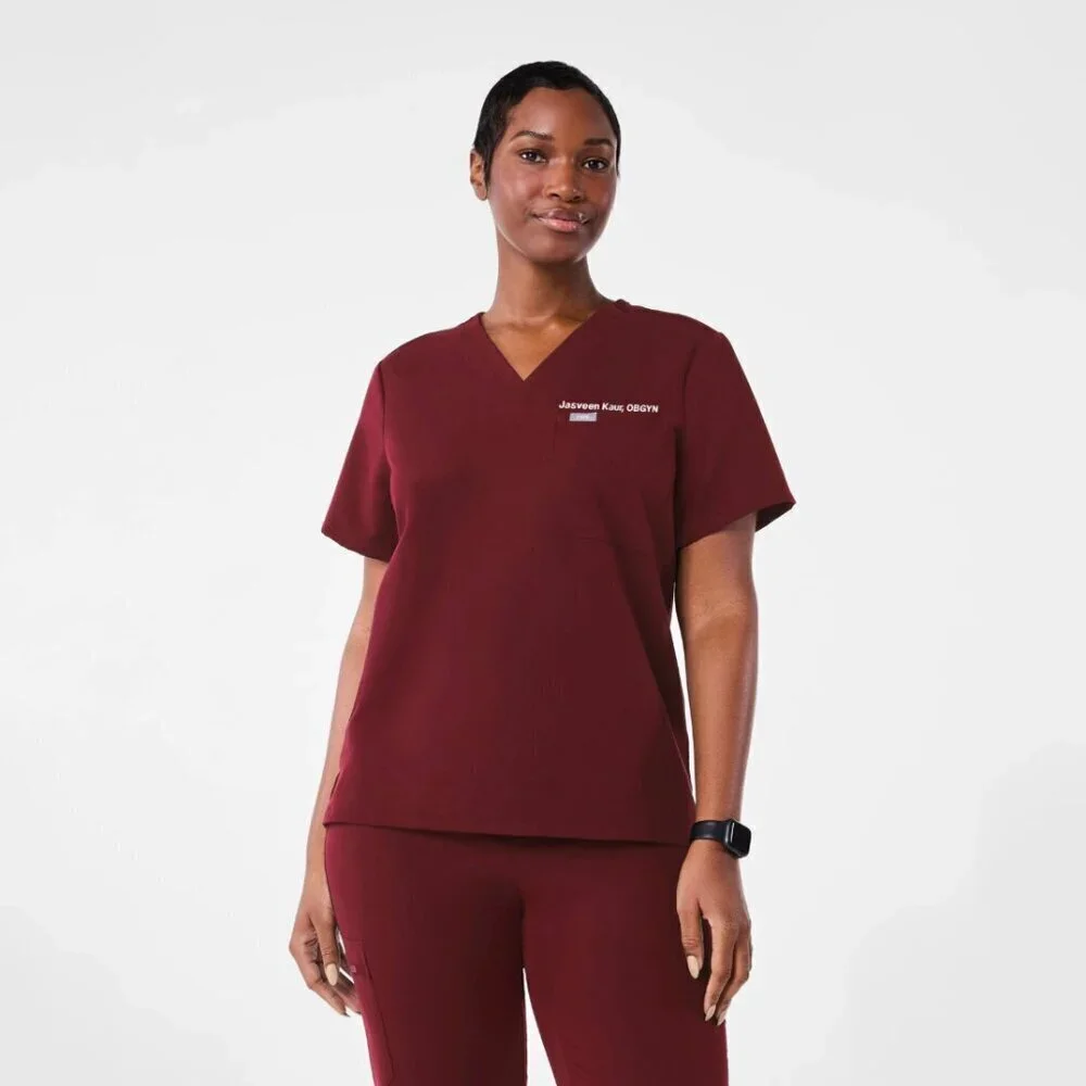 FIGS Women's Catarina One-Pocket Scrub Top in Burgundy (PO#: 1777), size Large